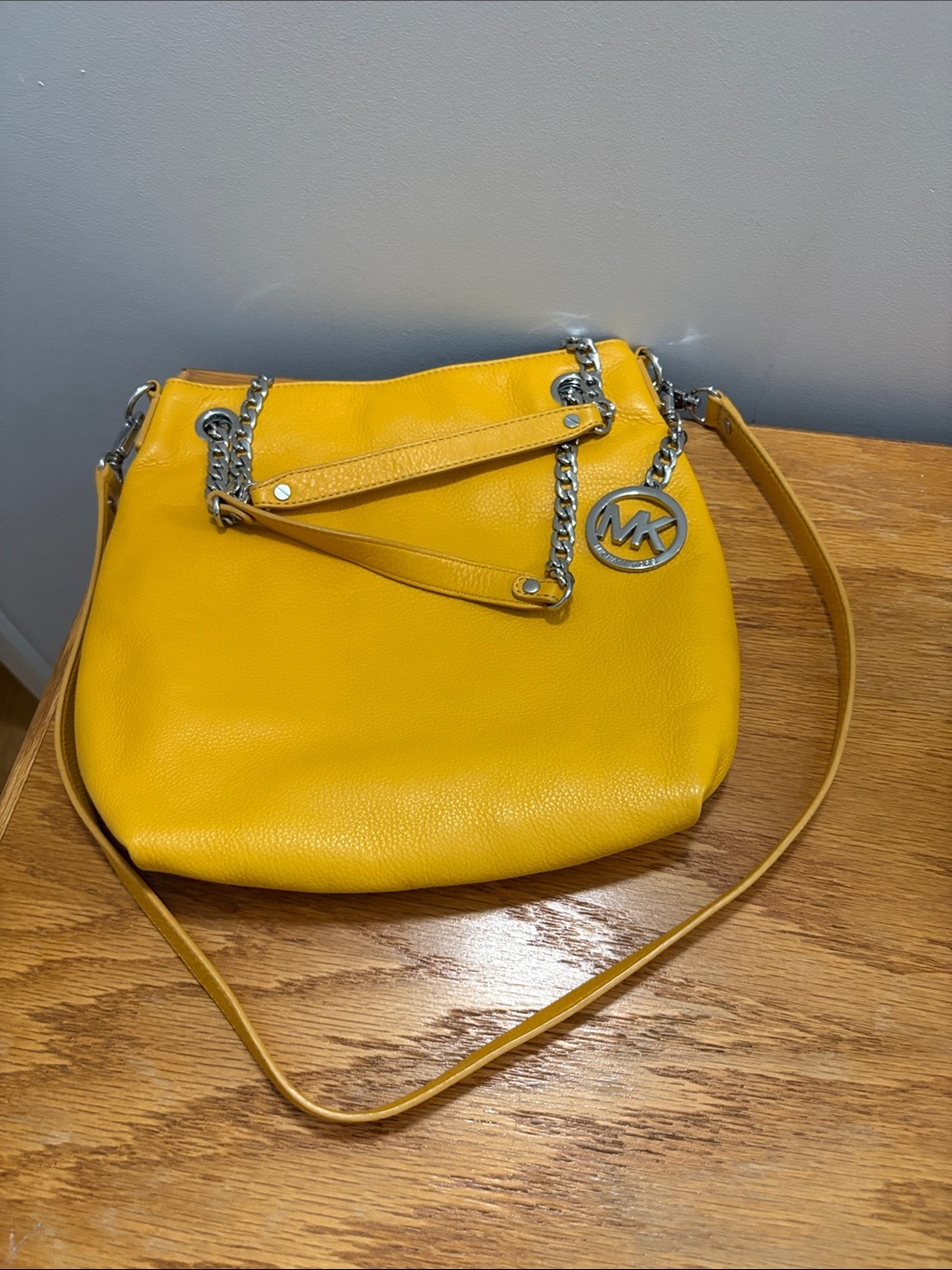 Michael Kors Yellow Leather Shoulder Bag with Chain Strap and MK Charm